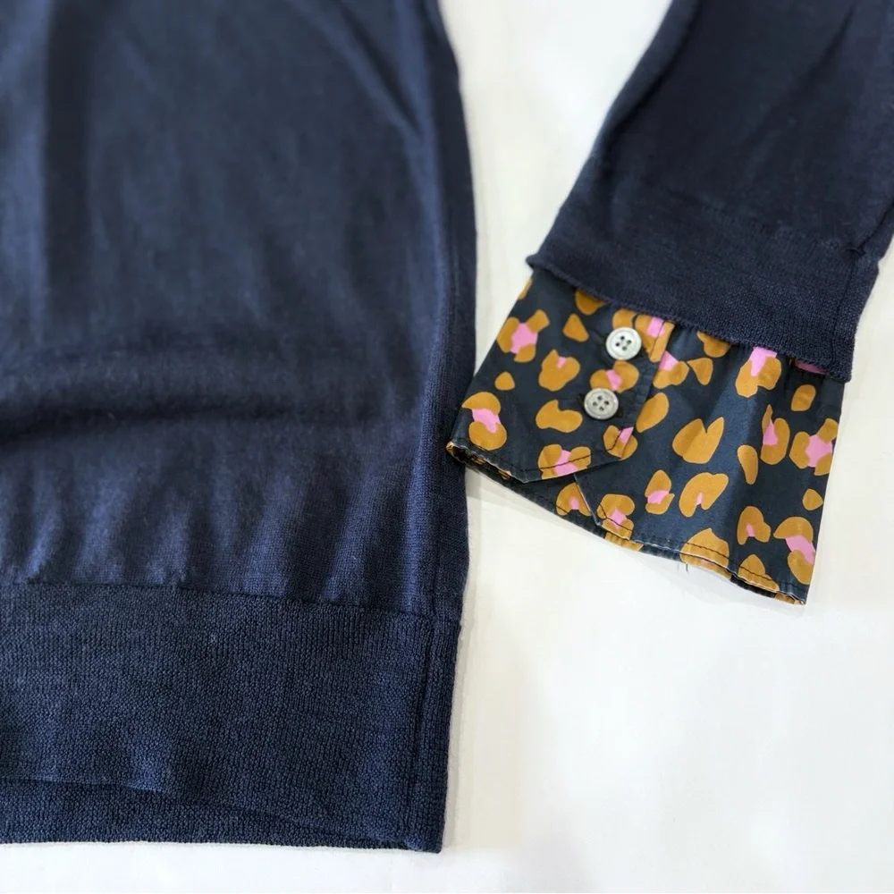 J.Crew Tippi Sweater Women M Navy Merino Wool Leopard Cuffs Preppy Chic